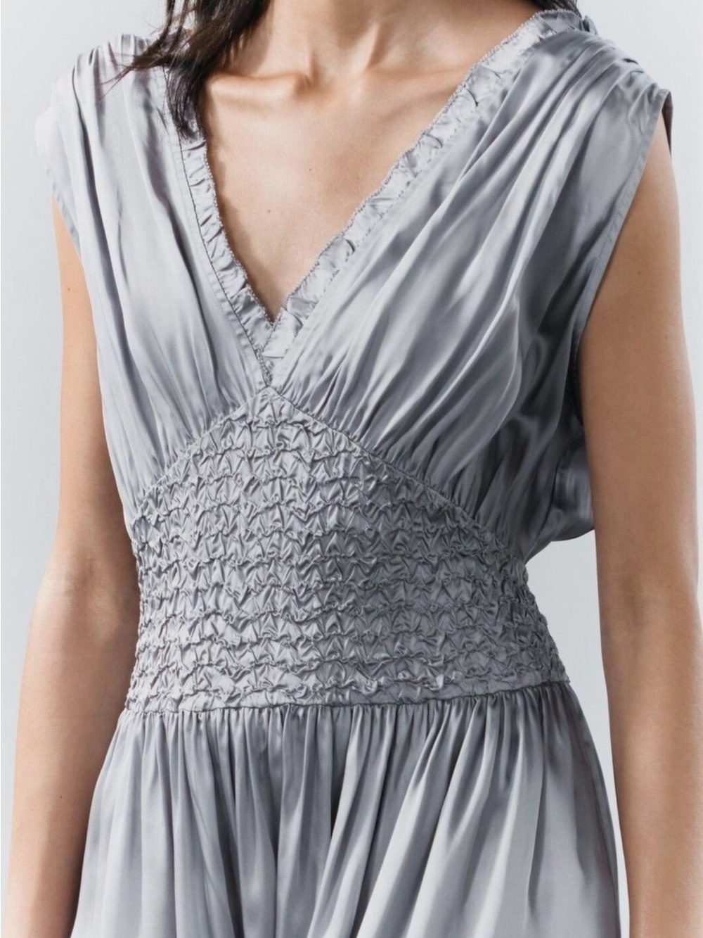 ZARA Sleeveless Smocked Satin Maxi Dress Small - Picture 2 of 8